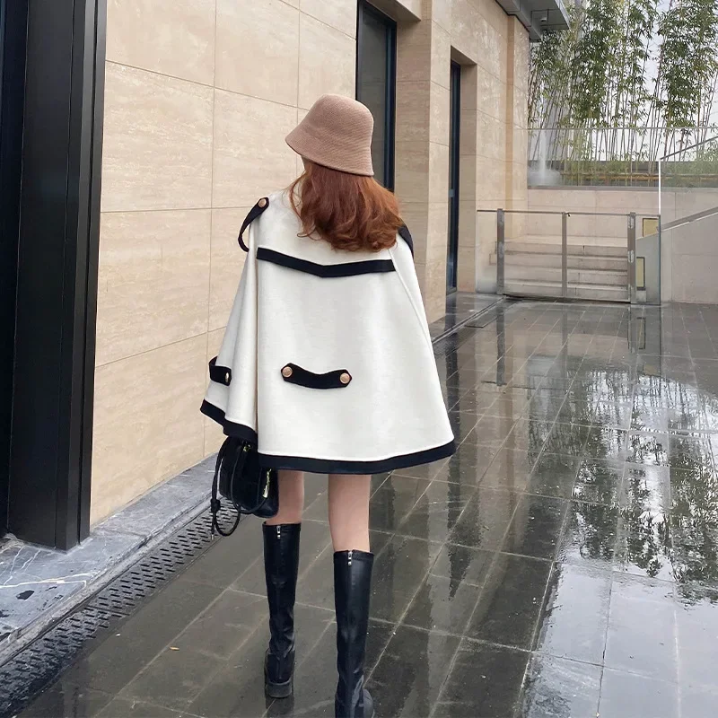 Poncho Cloak French Cape Imitation Wool Coat Women's New Loose Short Coat Fashion Leisure Lady Spring and Autumn Party Banquet