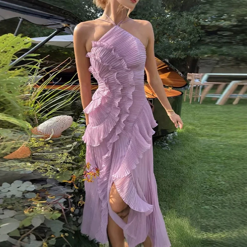 Abito lungo plissettato con volant da donna elegante senza maniche Halter irregolare a strati pieghettato fluido al ginocchio maxi abiti da festa di nozze