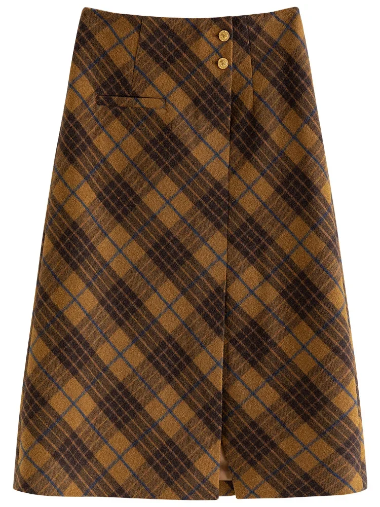 FSLE England Style Vintage Plaid Woolen Skirt for Women Autumn and Winter 2023 New 30% Wool High Waist A-Line Skirt Female