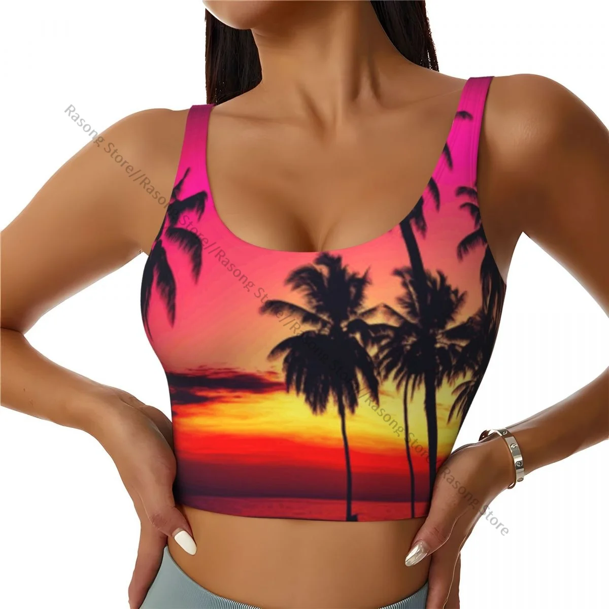 Women Sexy Sports Vest Sunset On Tropical Ocean Beach With Coconut Palm Trees Female Streetwear Sport Lingerie Tee Crop Top
