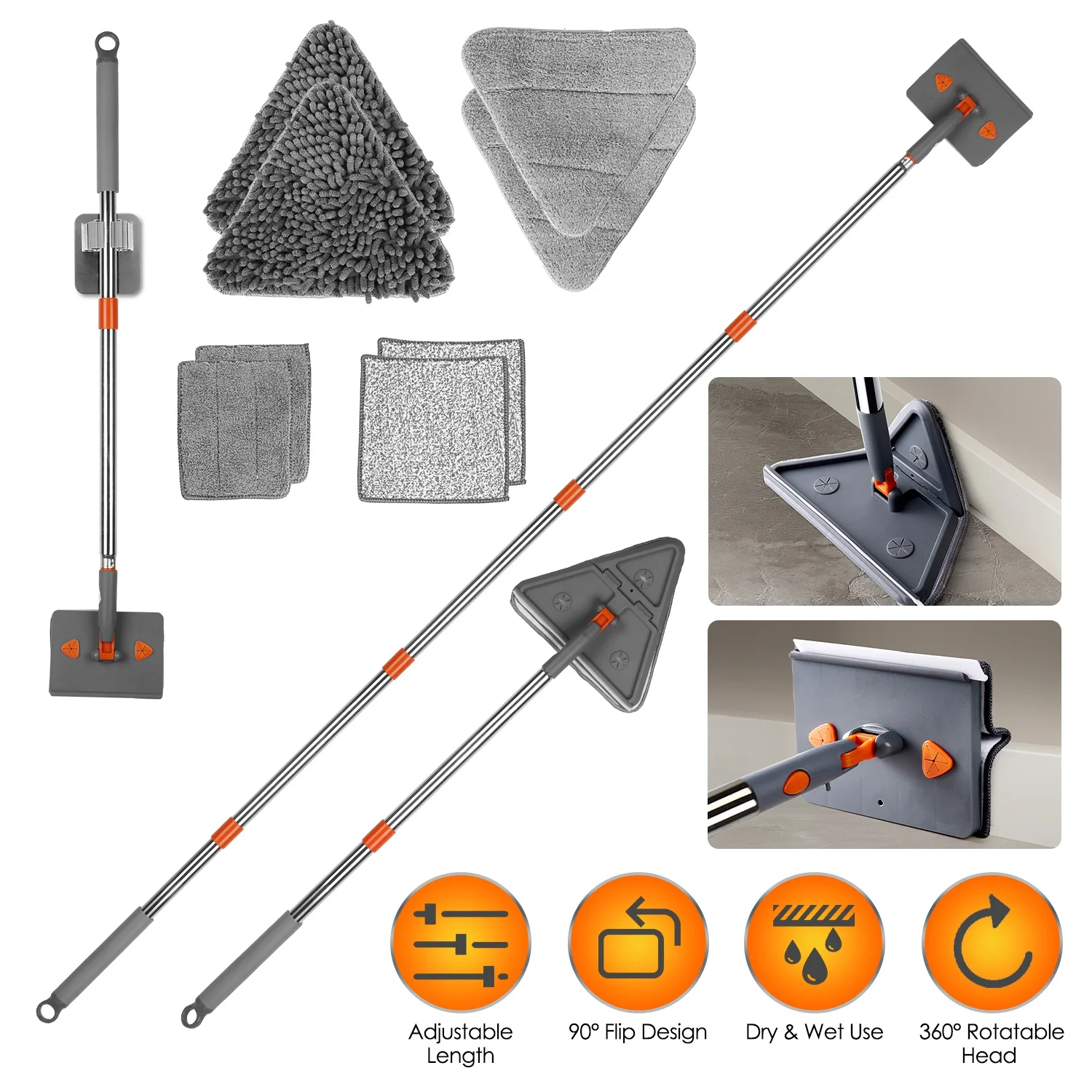 Extendable Wall & Baseboard Cleaning Mop, Wet Dry Multi Surface Mop with 180 °   Rotatable Head, 5-Section Stainless Steel Pole, 8 Reusable Mop Pads for Ceiling Window Furniture