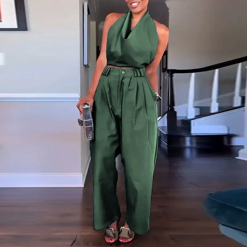 

Модный драпированный топ с лямкой на шее, пуловер и широкие брюки, женский весенний однотонный комплект из двух предметов, летний полый наряд с открытой спиной для поездок на работу