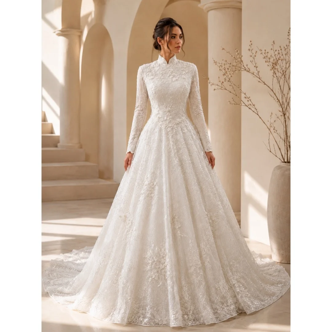 Custom Long Sleeve 3D Floral Lace Ball Gown Wedding Dress Sparkly Tulle Chapel Train Modest Bridal Gown Vestido De Novia
