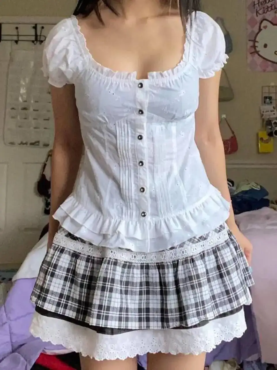 

Женская футболка Kawaii Corset 2000-х годов с кружевной отделкой, винтажная тонкая футболка на пуговицах с v-образным вырезом, летние рубашки Y2k Haruku