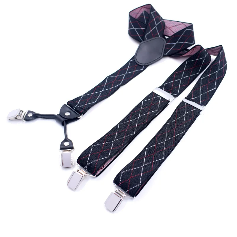 แฟชั่นผู้ชาย Suspenders Braces หนังสีดำเข็มขัดปรับ Celana Panjang Tali Suspensorio พ่อของขวัญ Ligas Y สไตล์4คลิป