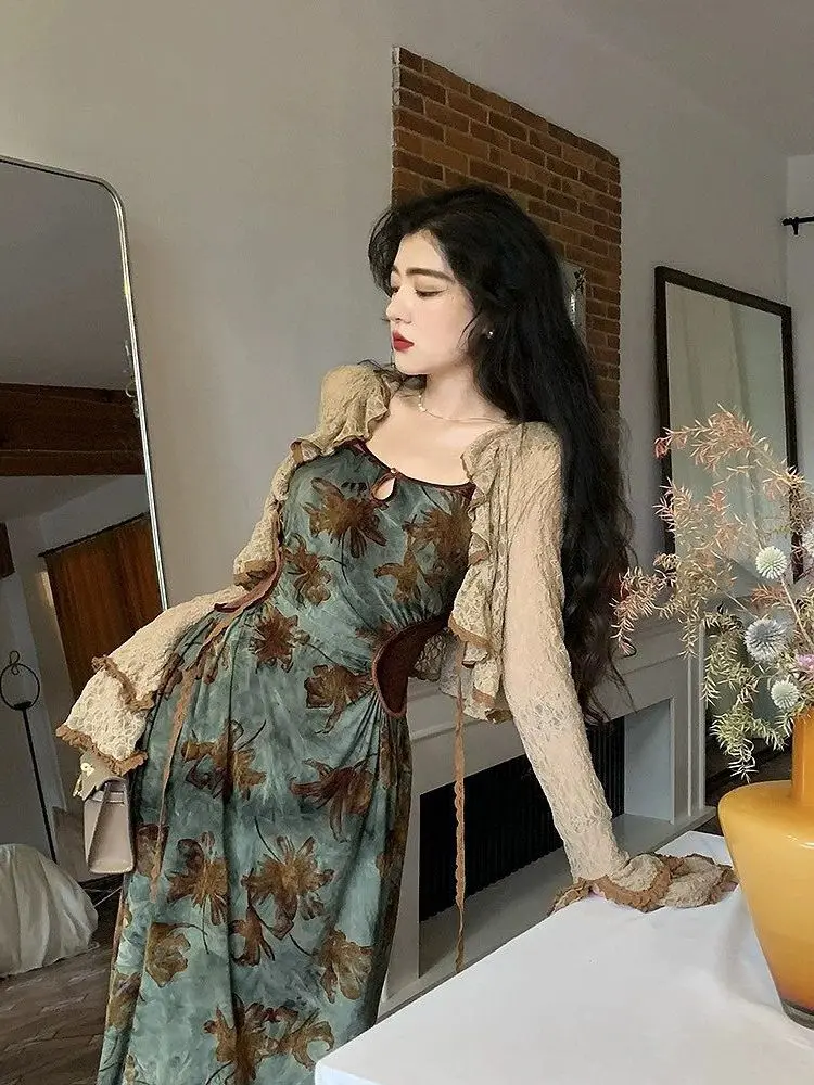 Elegant Vintage Green Floral Print Camisole Dresses+ Y2k Long Sleeve Sun Protection Coat Women Oversize New Two Piece Sets