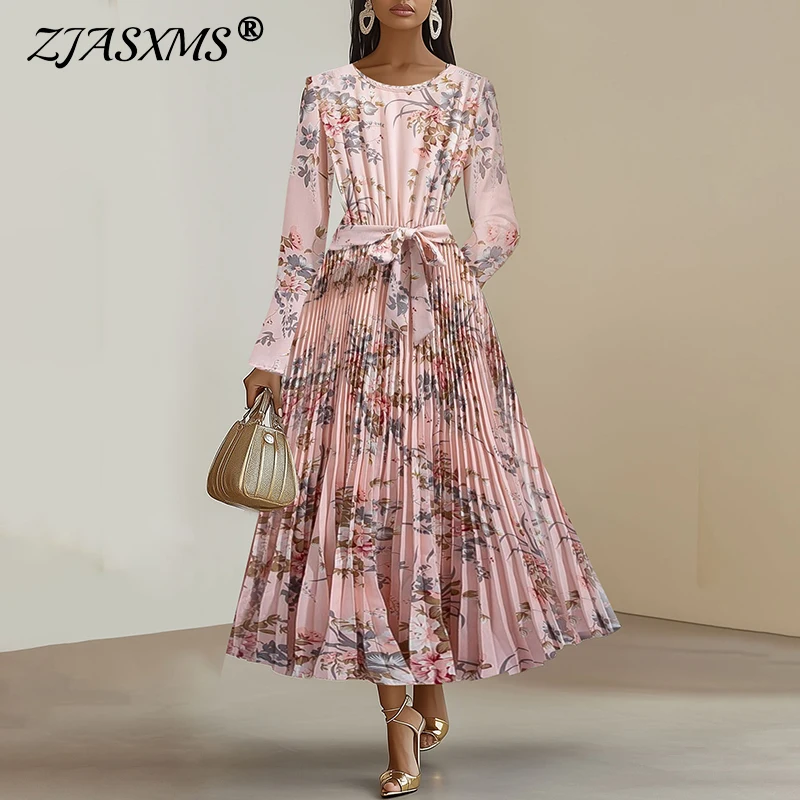 Boho Style Dress Woman Elegant Floral Print A-Line Pleated Dress 2025 New Spring Long-sleeved High Waist Lace-up Evening Dresses