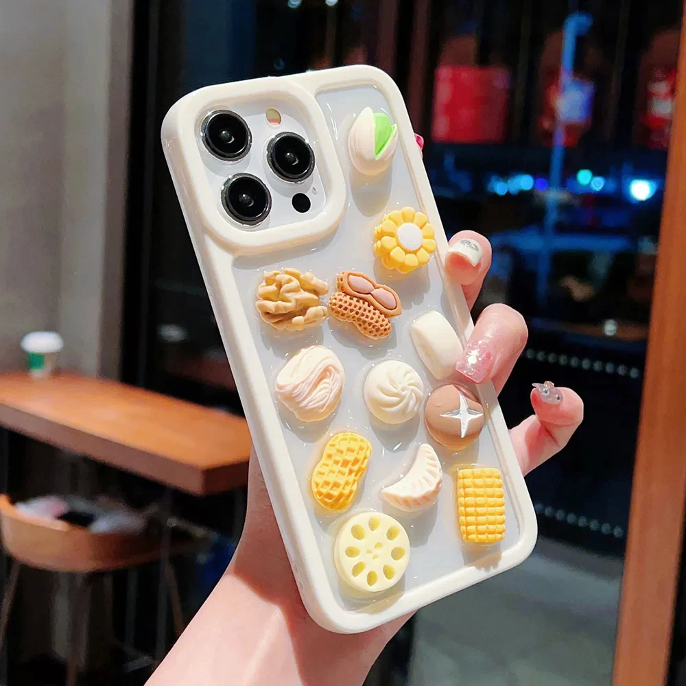 Funny 3D Food Peanut Corn Dumpling Phone Case For iPhone 12 13 14 15 Pro Max 11 15Plus 14Plus Transparent Shockproof Soft Cover