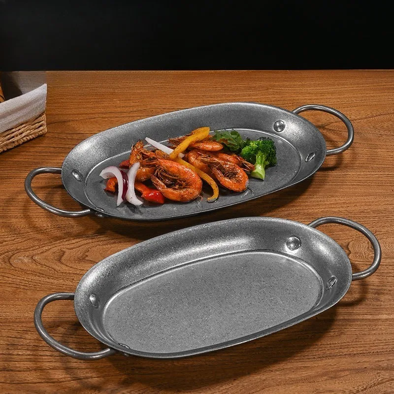 Vintage Antik-Edelstahl-Ovaltablett mit Doppelgriff-Design, Retro Western Steakplatte, flaches Serviertablett für Meeresfrüchte und Snacks, für Zuhause