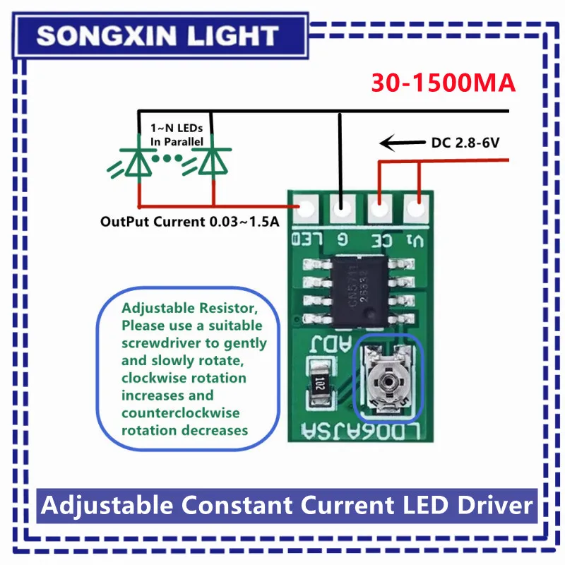 SAMIROB 30-1500MA Adjustable Constant Current LED Driver DC 3.3V 3.7V 4.2V 5V PWM Control Board Buck Power module