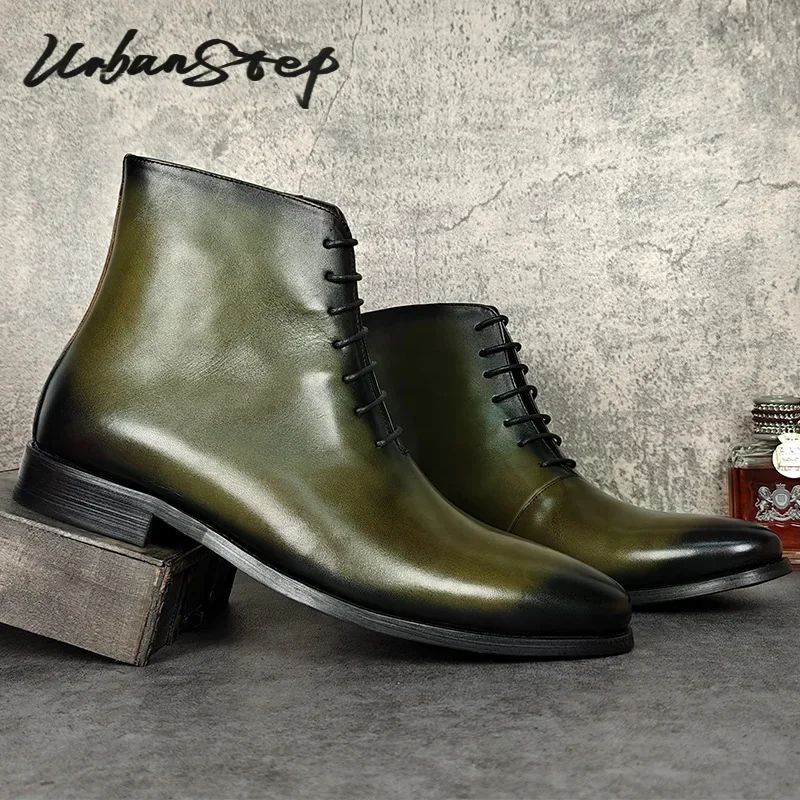 

Luxury Men Ankle Boots Shoes Green Hand Polishing Lace Up Oxford Boots Casual Dress Man Genuine Leather Boots Men