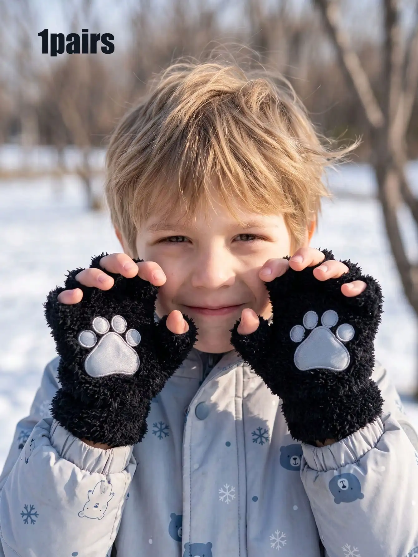 1Pair 8‑16Y Boys Bear‑Paw Plush Knit Gloves, Cartoon Half‑Finger Knitted Gloves for Older Kids Daily Seasonal Matching Outfits