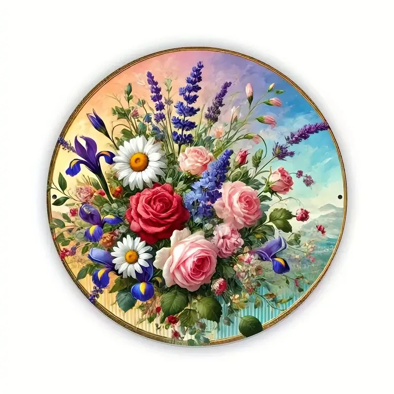 1pc Vintage European Floral Round Wall Art - 8-Inch Aluminum Metal Wall Decor with Colorful Roses, Daisies & Lavender in Pink Gr