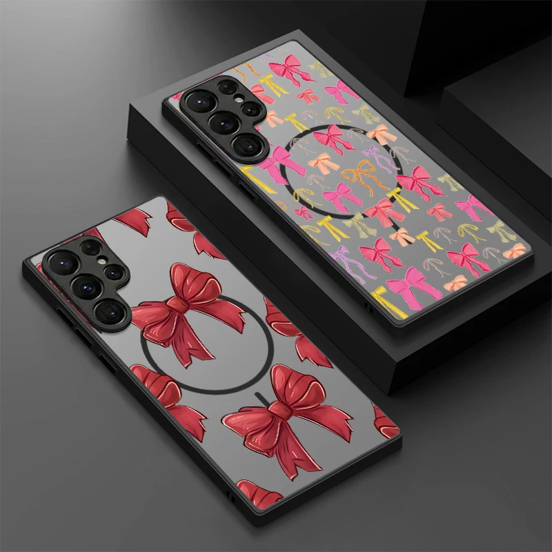 Magnetic Cute Bow Pattern Phone Case For Samsung Galaxy S25 FE S26 S23 S24 Ultra S22 Plus S25 Edge For Magsafe Matte Hard Cover