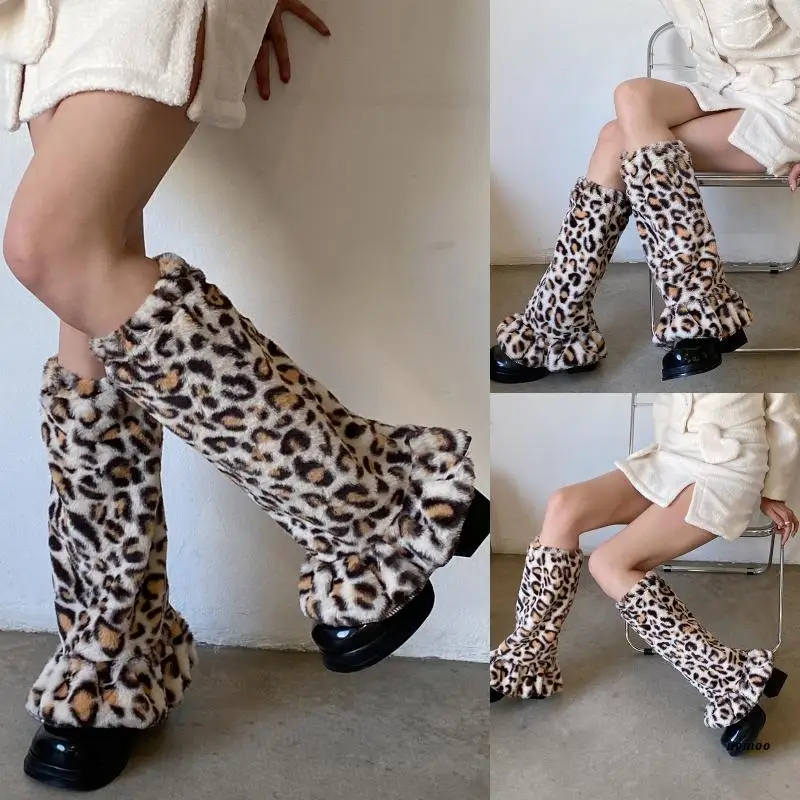 Women Harajuku Winter Plush Leg Warmers Gothic Punk Vintage Leopard Animal Print Foot Cover Baggy Loose Ruffled Knee Sleeve