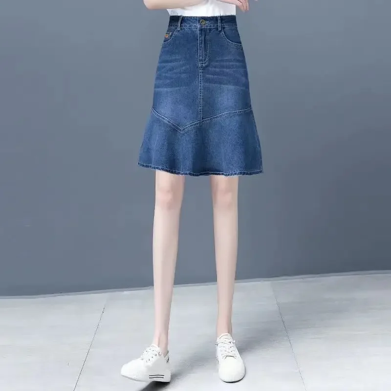 

Zipper Ruffle Chubby Midi Women's Denim Skirt Female Jeans Skirts With Pocket Streetwear Offer Premium Korean Style A Line