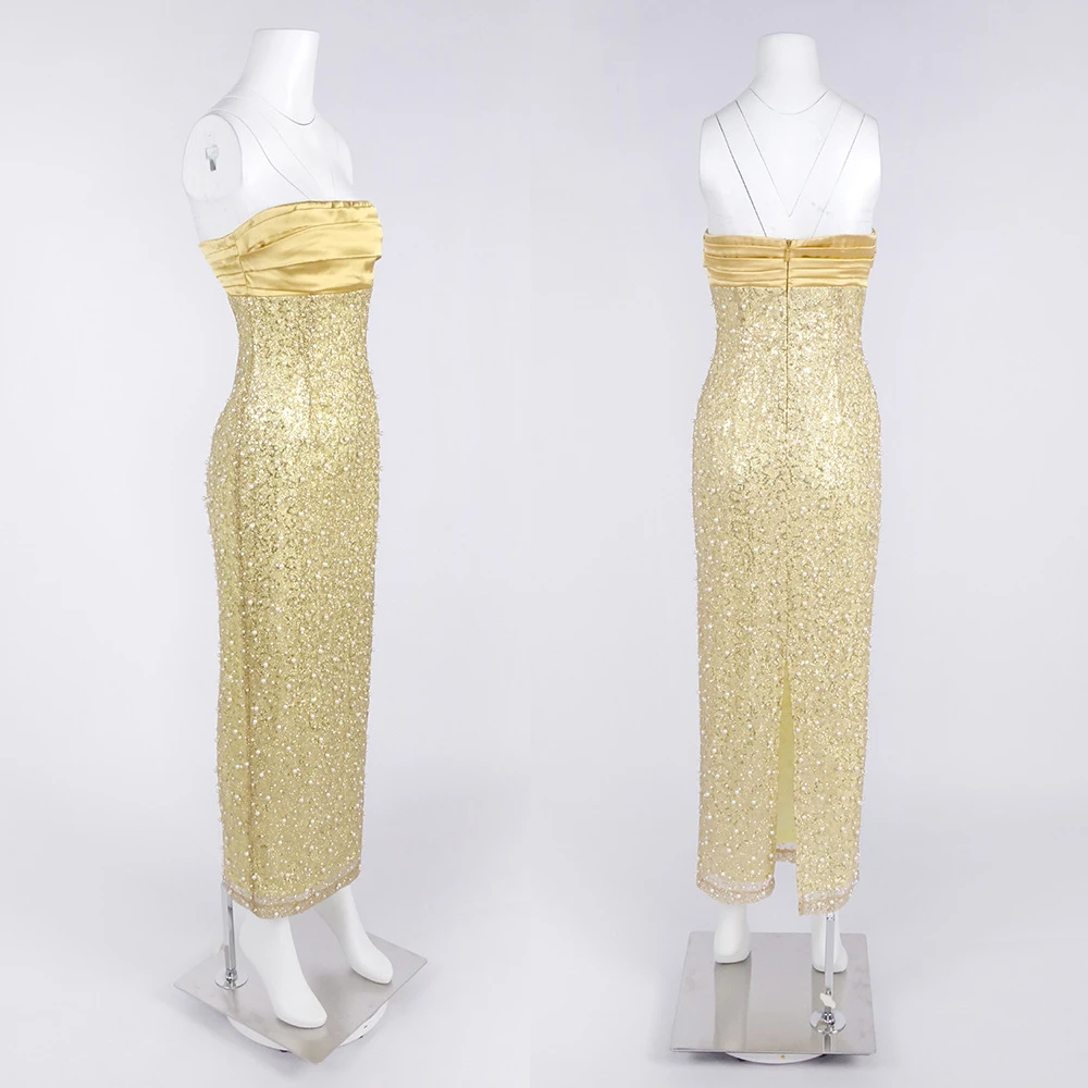 Abito lungo di lusso senza spalline senza schienale smock a strati slim fit con perle Abito lungo da cocktail per festa di nozze Abito da sera elegante