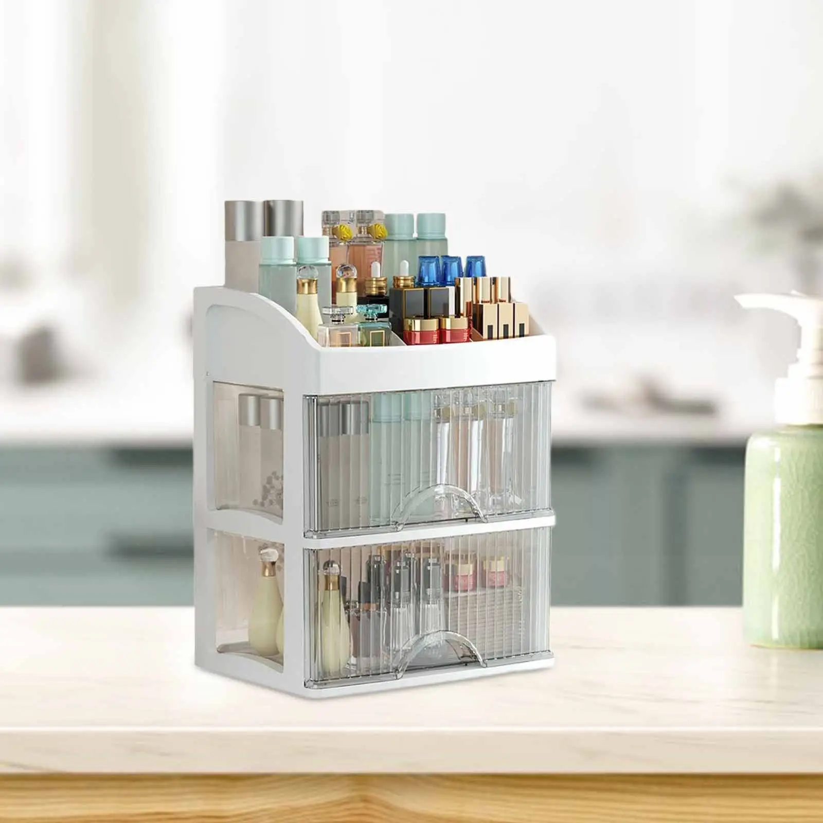 

Двухуровневый настольный органайзер-тумба для хранения косметики, средств по уходу за кожей, аксессуаров для ванной комнаты, офисных принадлежностей