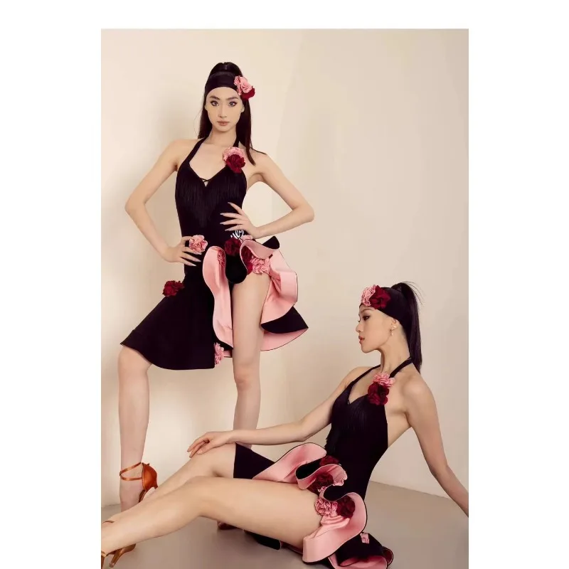 

Модное женское платье для латинских танцев, танцевальный костюм, комплект высокого класса, новое летнее танцевальное платье для взрослых, платье с лямкой на шее