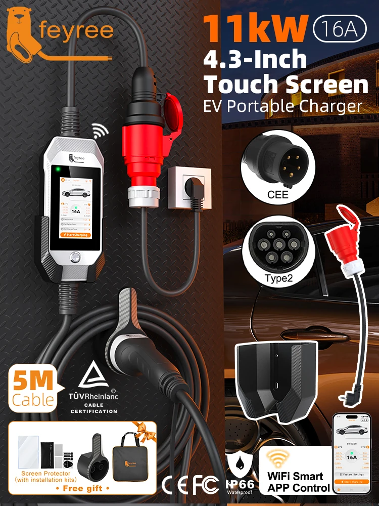 Feyree 11kW 16A 3P Tragbares EV-Ladegerät Typ 2 4,3' Touchscreen & Ladeverlauf WLAN-App-Steuerung Smart EVSE für Elektrofahrzeuge