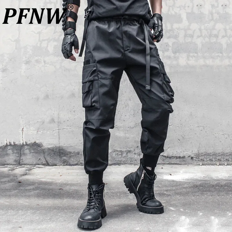 

PFNW Functional Style Men's Casual Pants Multi-pocket Straight Elastic Waist Binding Leg Male Trousers Solid Color Autumn 12C464