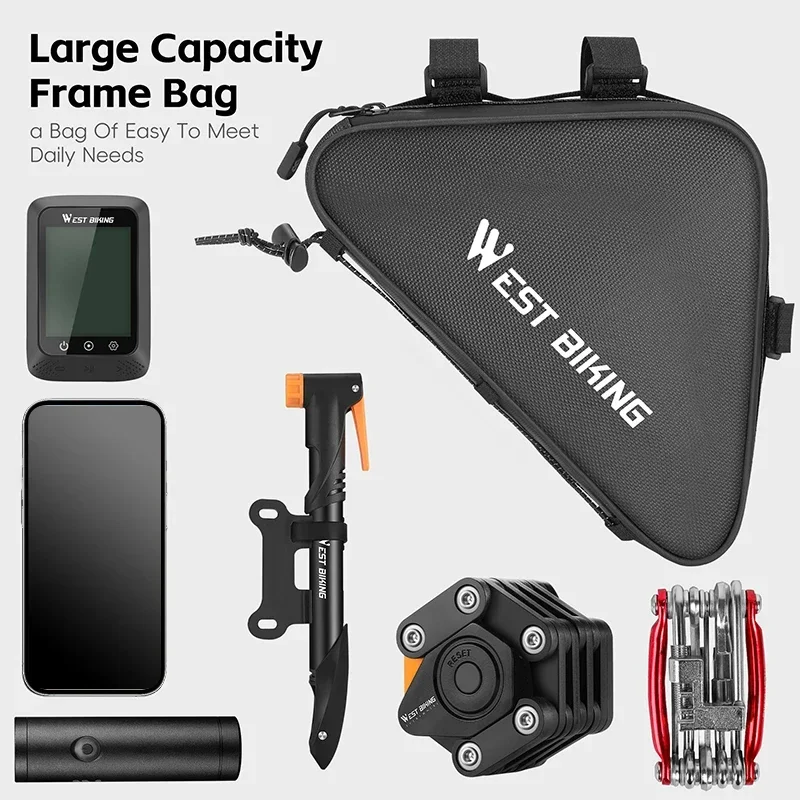 WEST BIKING Bicycle Front Frame Triangle Bag With Mesh Pouch MTB Road Bike Bottom Tube Bag Elastic Luggage Straps For Storage