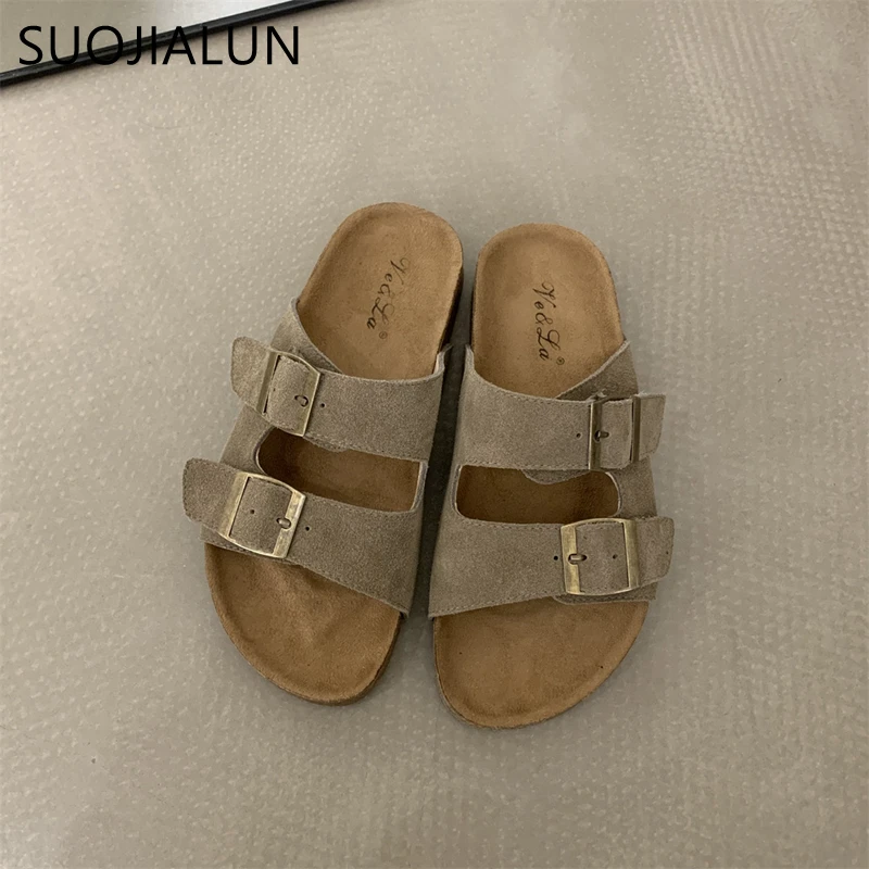 SUOJIALUN Summer New Brand Women Slipper Fashion Buckle Ladies Flat Heel Casual Slides Open Toe Slip On Outdoor Slides Shoes