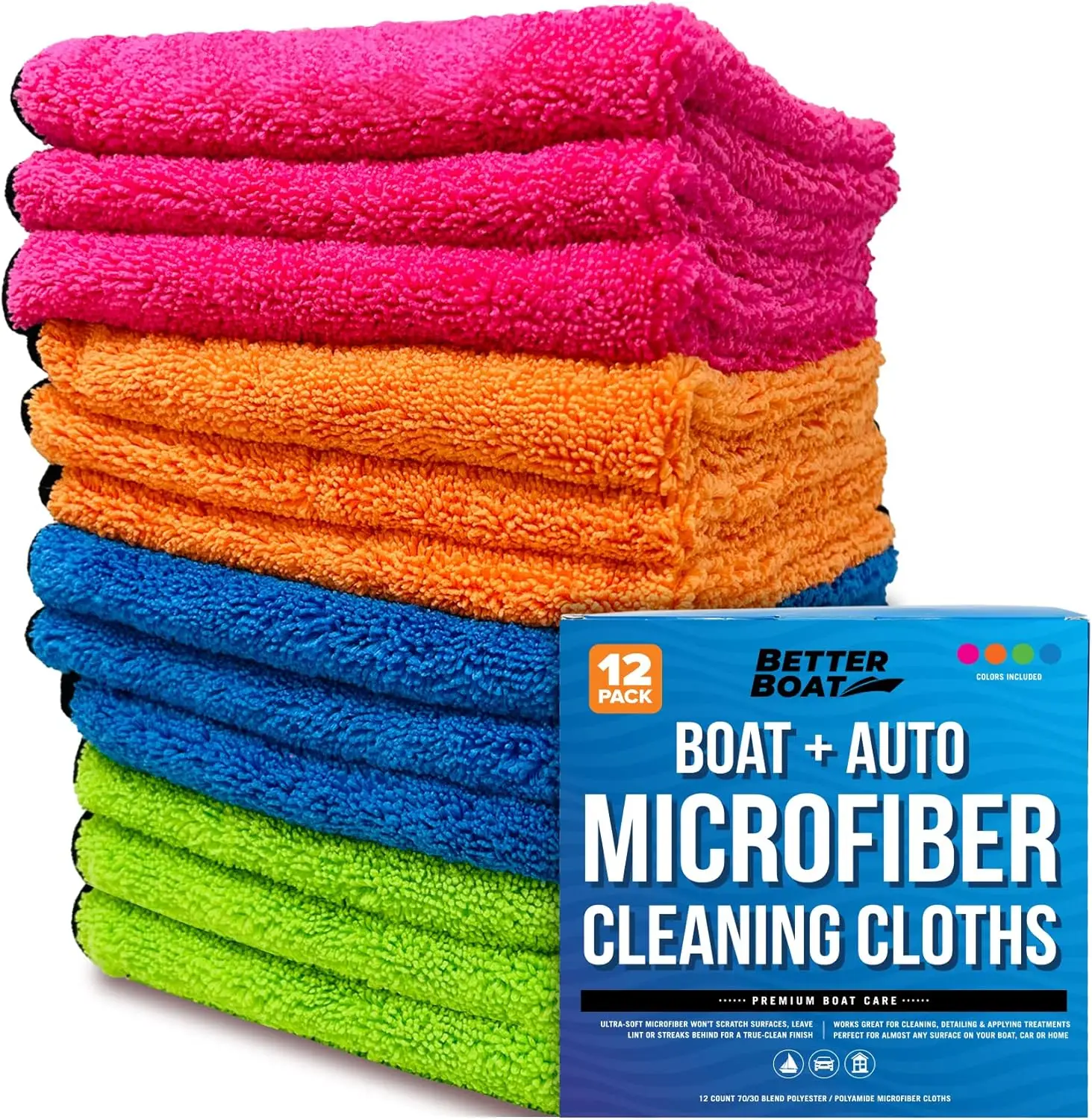 Microfiber Cloth Kit 12 Pack, Lint-Free Cleaning Towels for Cars, Boats, and Home, Thick Large Scratch-Free Cloths