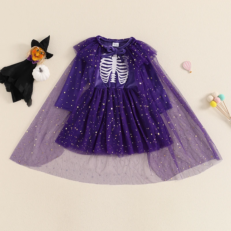 Girls Halloween Puffy Mesh Dress Shawl Skeleton Print Sequins Round Neck Long Sleeve Dresses