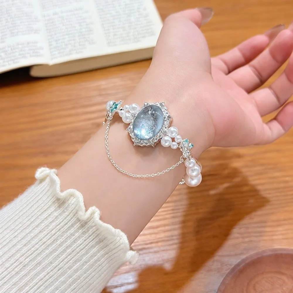 Elegant Double Layer Wrist Bracelet Faux Pearl Inlaid Blue Stone Beaded Hand Chain Alloy Lightweight Hand Ornament Men