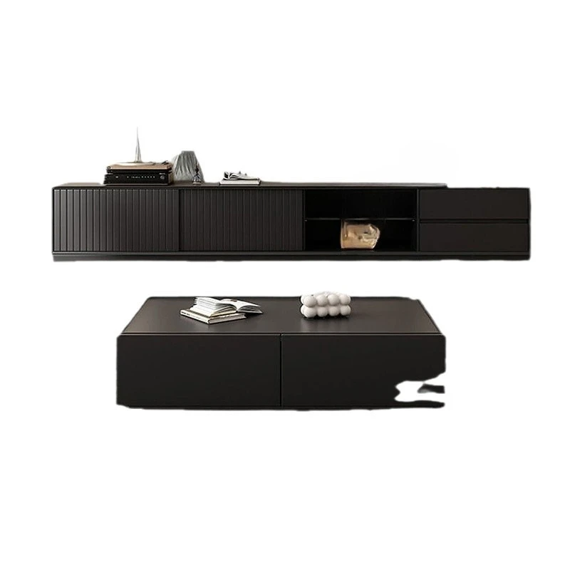 

Solid wood TV cabinet coffee table combination, modern simple living room home floor black pull-out TV cabinet