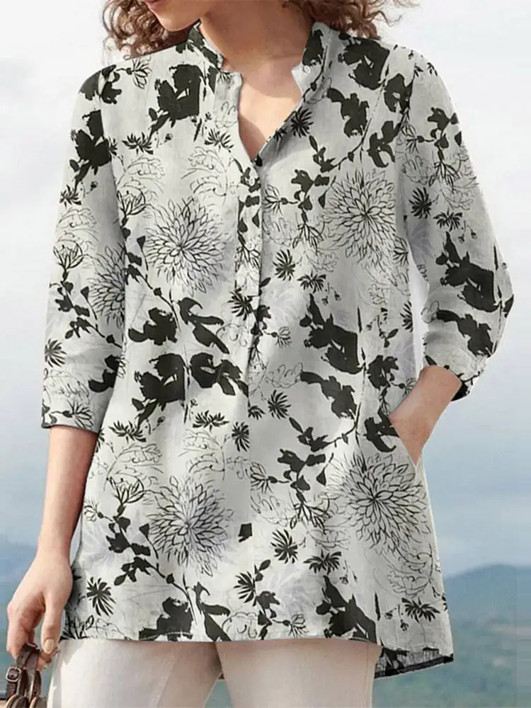 ZANZEA Autumn Floral Printed Blouse 2024 Women Bohemian 3/4 Sleeve Holiday Shirt Chemise Female Casual Work Blusas Tunic Tops