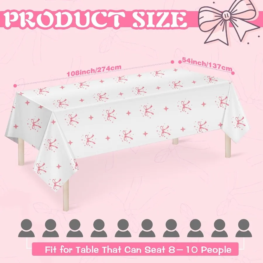 2 Pcs Pink Bow Table Cloths 54 x 108 Inches Waterproof Stain Resistant Perfect for Baby Showe Birthdays Weddings and More
