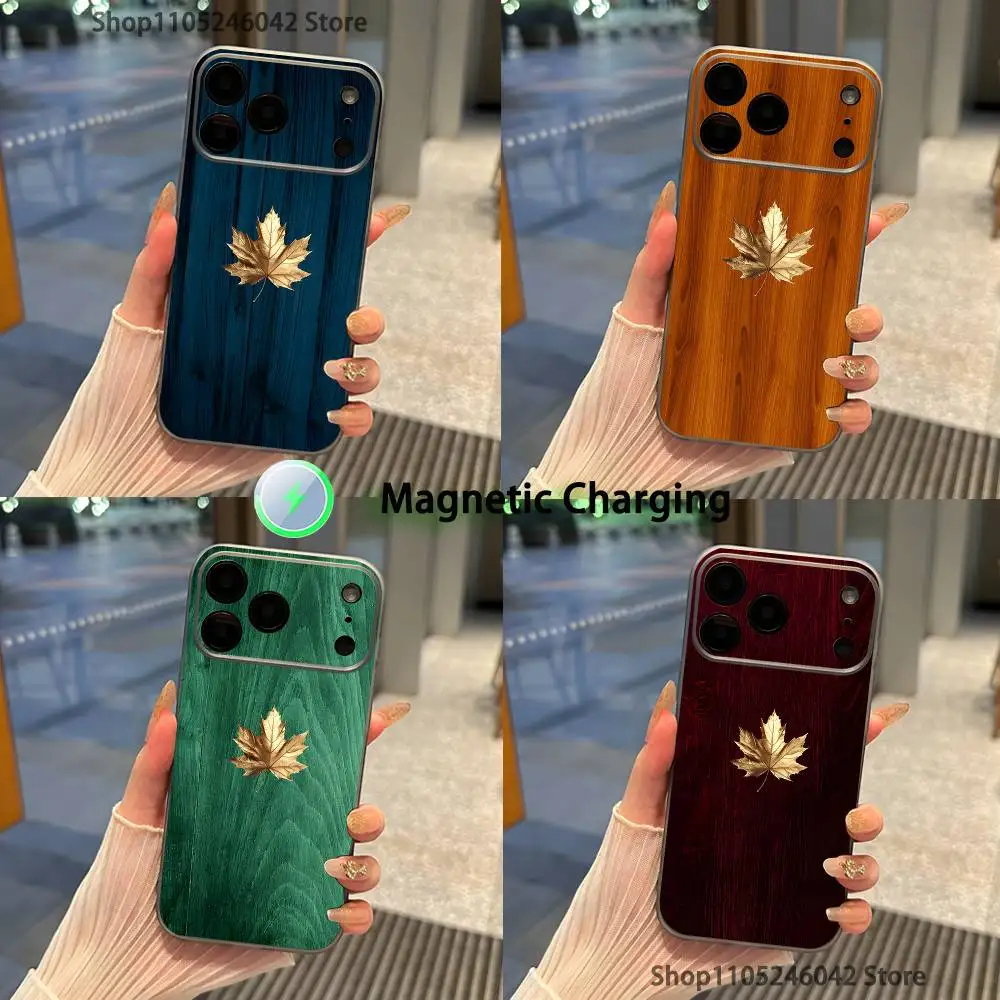 

Противоударный прозрачный серый чехол из дерева и металла с дизайном «Кленовый лист» для iPhone 17, 16, 15, 14, 13, 12, Pro, Max, с поддержкой магнитной зарядки