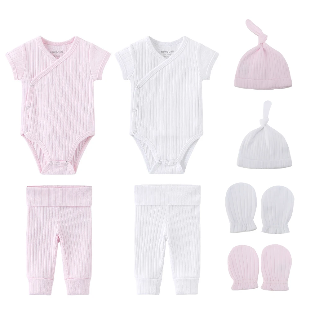 8 Pieces Unisex Newborn Baby Girl Clothes 100%Cotton Bodysuits+Pants+Hats+Gloves Sets Baby Boy Clothes Solid Color Short Sleeve