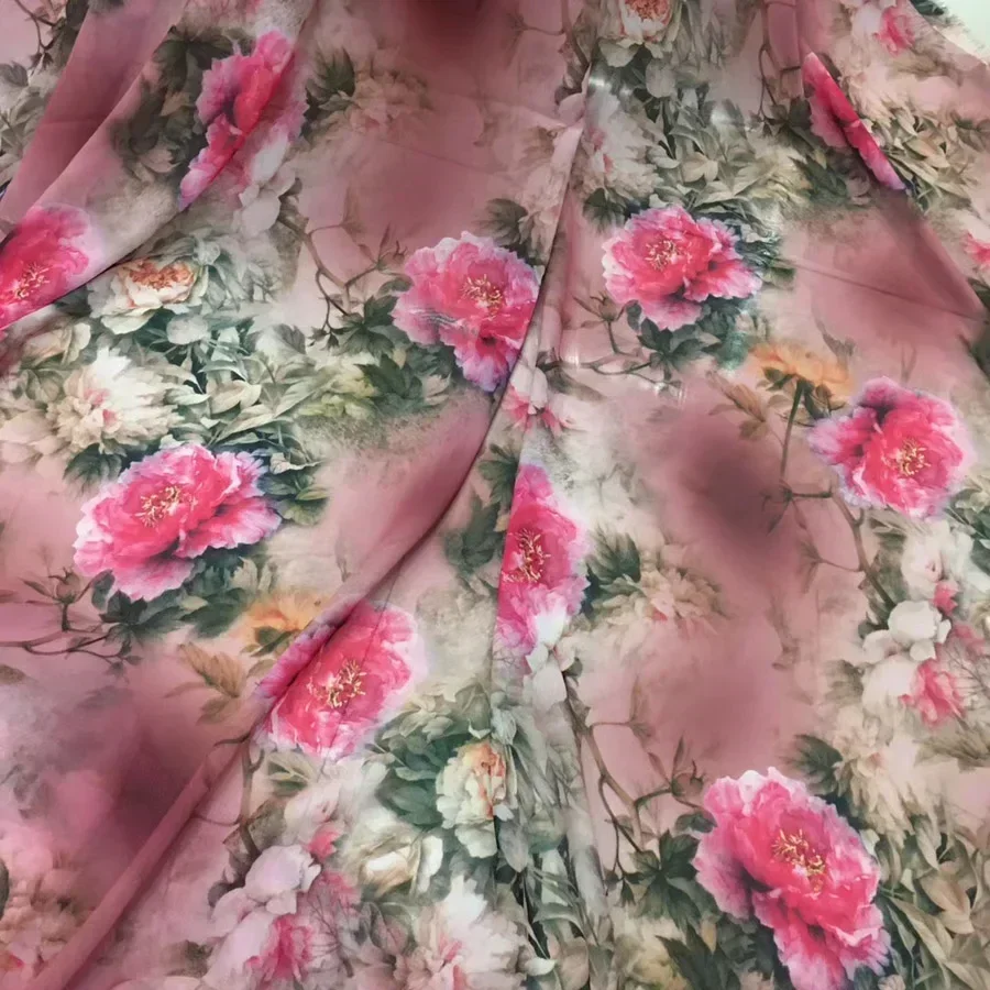 Soft 50D Peony Printed Chiffon Fabric Floral Cloth Silky Scarf Cosplay Dress Skirt Clothing Tissue