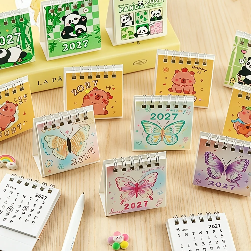 

4pcs Random 2027 Mini Desk Calendar, Cute Panda Capybara Butterfly Pattern,Flip Desktop Planner,Daily ,for Home Office,Students