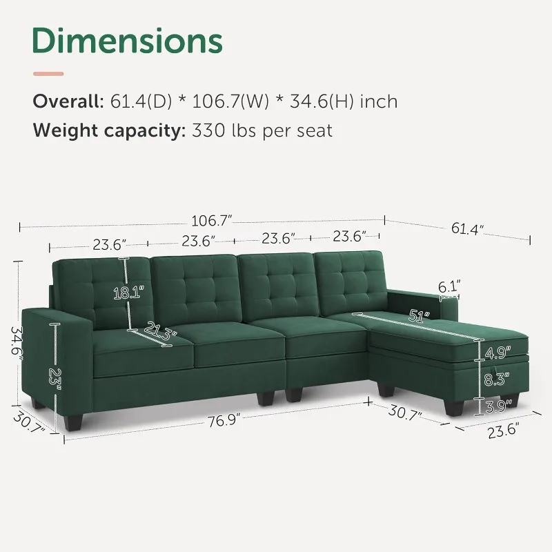 L Shaped Sectional Couch Velvet 4-Seater Sectional Sofa with Reversible Chaise for Living Room, Green