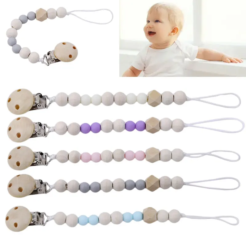 1Pcs New Wooden Baby Toy Gift Pacifier Clip Chian Holder Wooden Bead Teether Toy for Baby Chew Rattles Mobiles Newborn Toy Gift