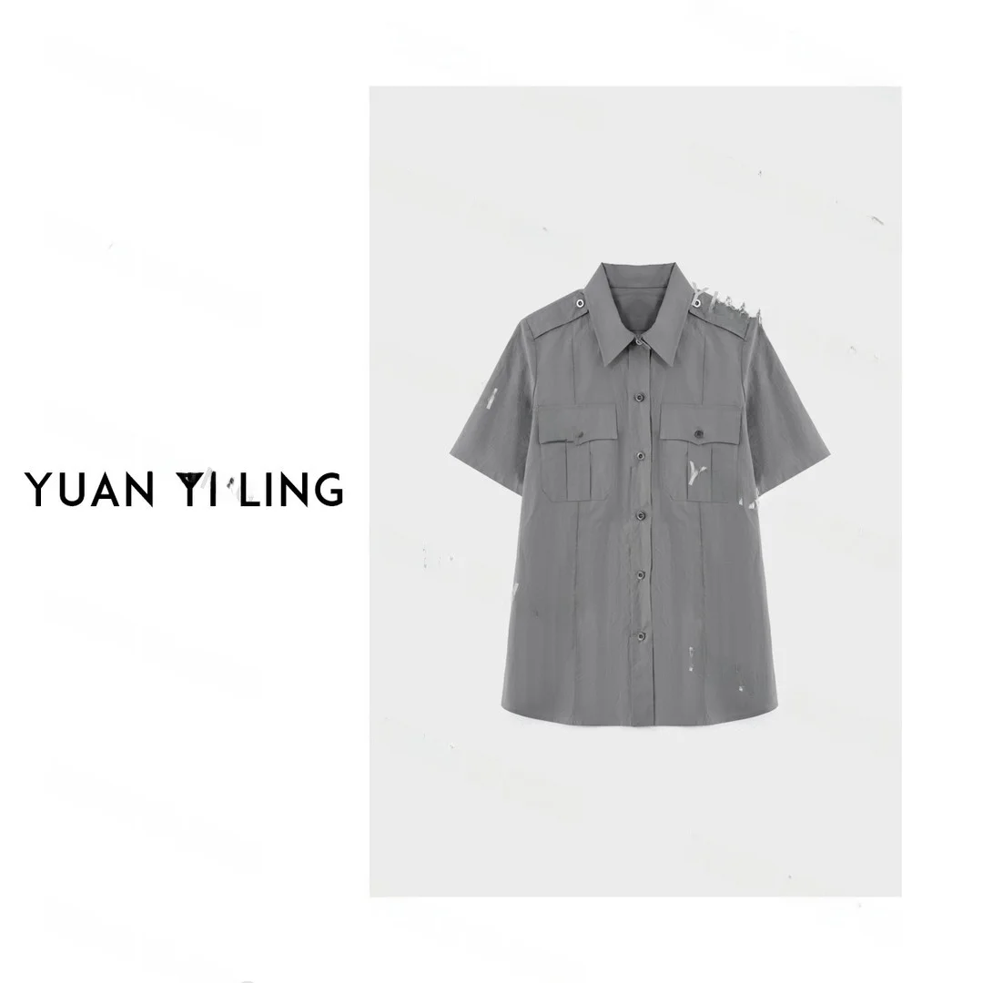 

Элегантная серая рубашка из высококачественного чесаного хлопка с коротким рукавом, универсальная, модная женская модель Весна 2026 ZE6C3383