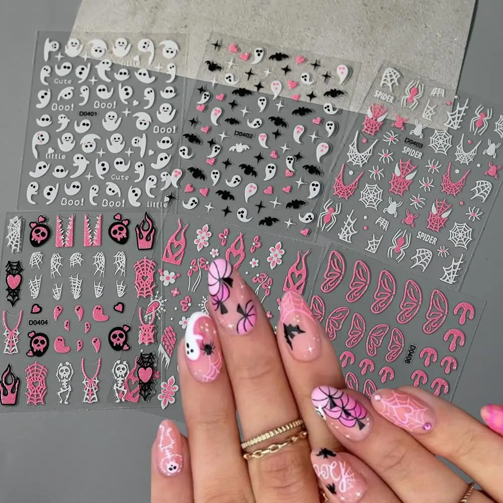 1 Stücke 3D Rosa Glitter Halloween Nagelaufkleber Geist Spinnennetz Fledermaus Schädel Selbstklebende Nagelaufkleber DIY Maniküre Halloween Dekorationen