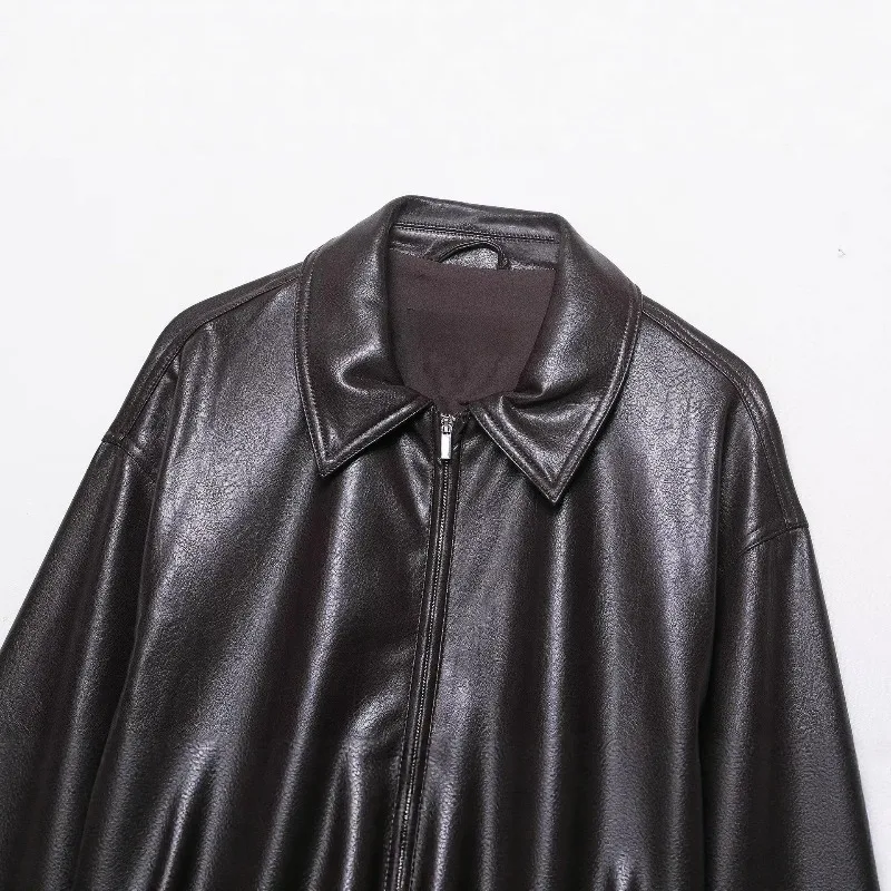 เสื้อแจ็คเก็ตแฟชั่นผู้หญิง แขนยาว ทรงหลวม ปกสั้น ดีไซน์ซิปด้านหน้า มีกระเป๋า รุ่นใหม่ปี 2025 เสื้อคลุมลำลองแฟชั่นสำหรับสุภาพสตรี