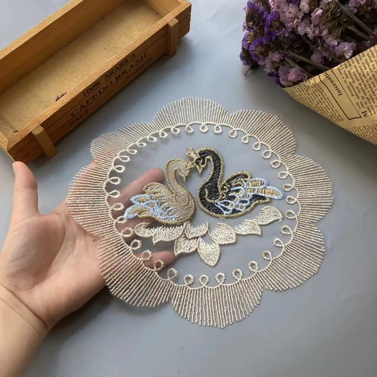 2 pcs Embroidered Swan Flower Mesh Lace Ribbon Applique Trims for Covers Curtain Home Textiles Sewing Strip Ribbon Fabric 24cm