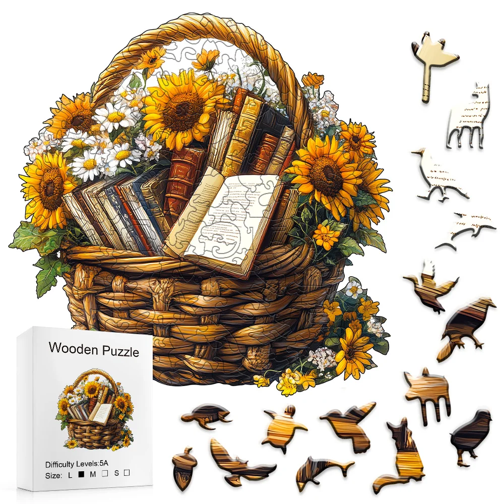 Rustic Sunflower Book Basket Wooden Jigsaw, Retro Literary Art Puzzle For Home Decor & Gift With Special Shaped Pieces