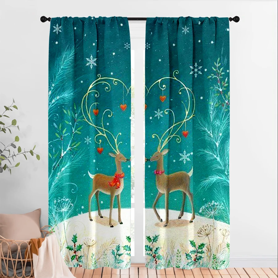2PCS Digital Print Curtains, Teal Background Couple Reindeer Heart Shaped Antlers Red Hearts Snowflakes, Whimsical Romantic Styl