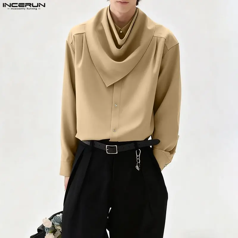 INCERUN الرجال قميص الصلبة وشاح طويل الأكمام ملابس الرجال غير رسمية فضفاضة ربيع الخريف الشارع الشهير بلوزات على الموضة الذكور القمصان S-5XL #3