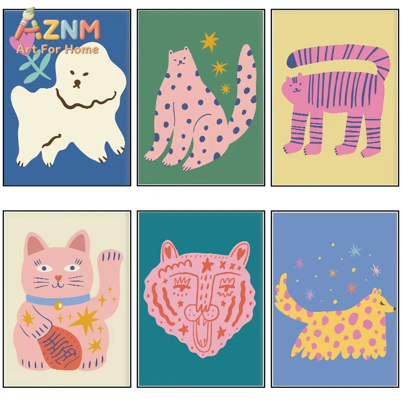 

1 шт. Ретро-постер с абстрактными животными: милые кошки и собаки, красочная картина на холсте, настенное искусство, декор для детской комнаты, подарок для дома