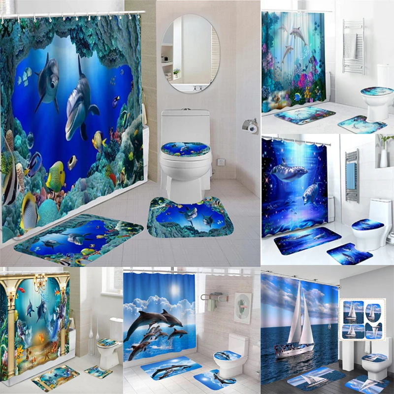 Dolphin Bathroom Waterproof Shower Curtain Set with 12 Hooks Polyester Washable Bath Non-Slip Mat Rugs Carpet Toilet Seat Cover