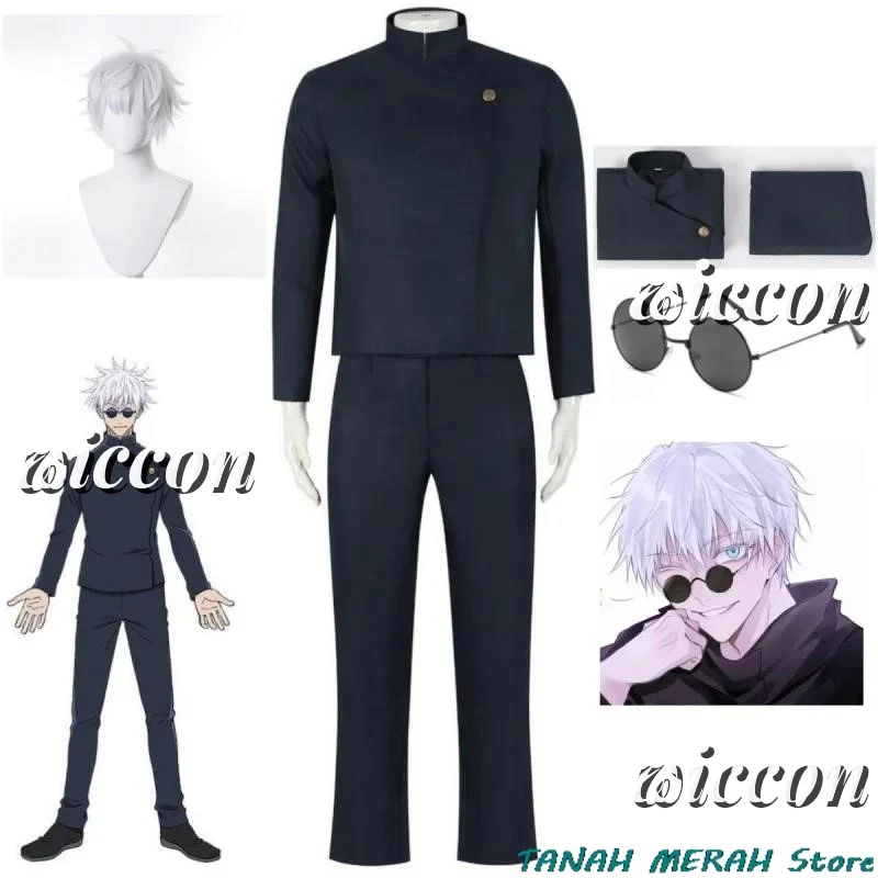 Anime jujutsu gojo kaisen gojo satoru cosplay traje calças superiores óculos uniforme do ensino médio peruca conjunto roupas masculinas de halloween