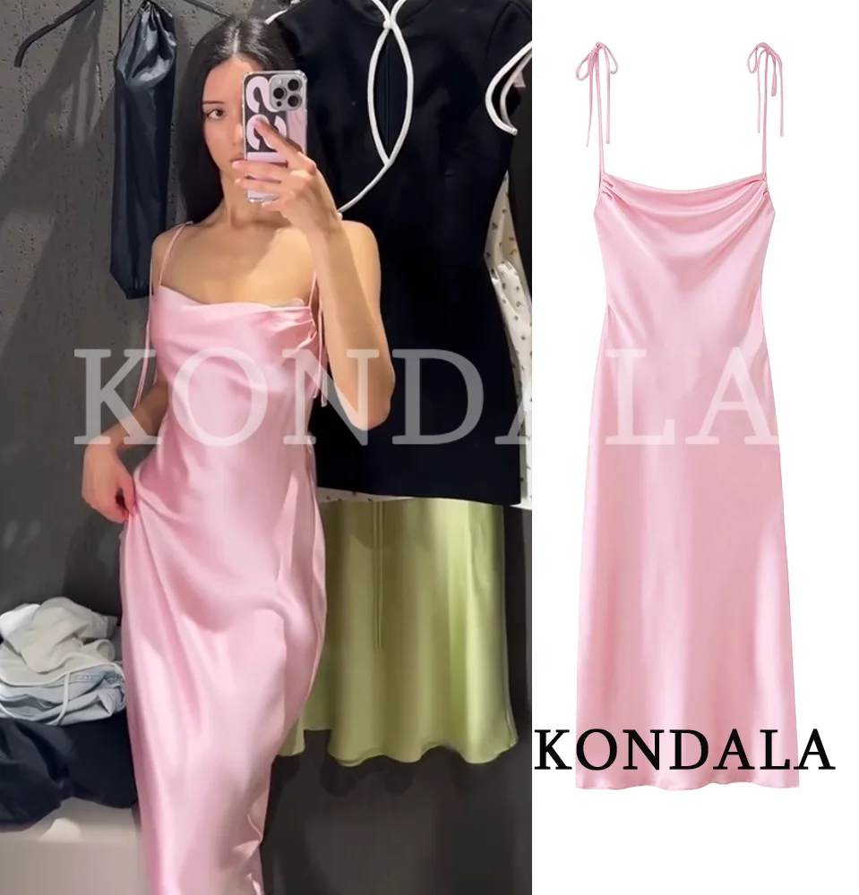 Image of KONDALA Damen Trendiges Sexy Urlaubs-Satin-Cami-Kleid Ärmellos Rückenfrei mit Schleife Neues Mode-Kleid Frühling Sommer 2026 Strandkleid